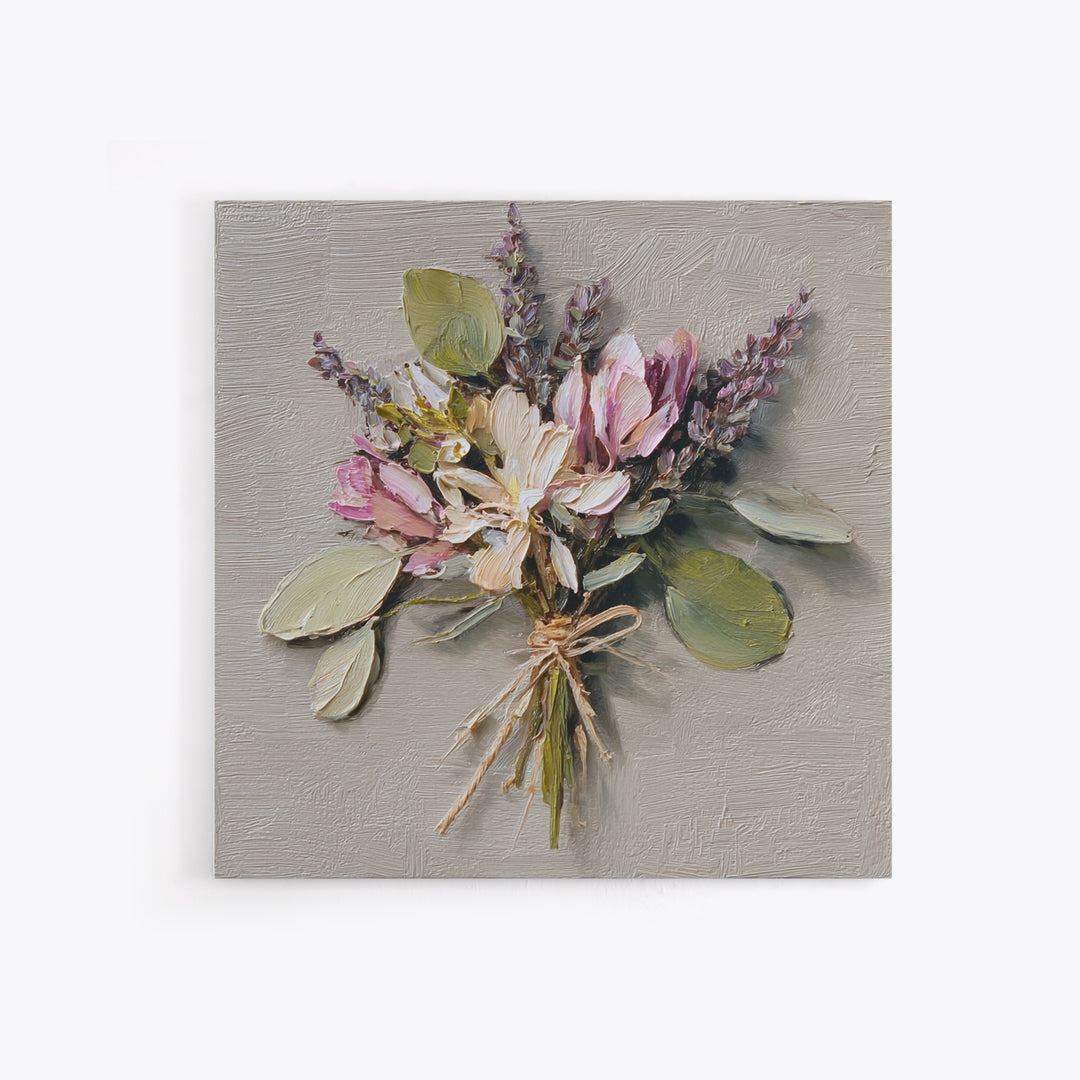 Lavender Bundle Tied Framed Canvas Print, Floral Art, Neutral Tone Abstract Floral Art, Living Room Decor, Fine Art, Bloom, FLO-1x1-34