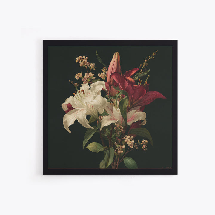 Lily Bouquet with Dramatic Dark Background Framed Canvas Print, Floral Art, Dark Academia Decor, Living Room Decor, Bloom, FLO-1x1-44