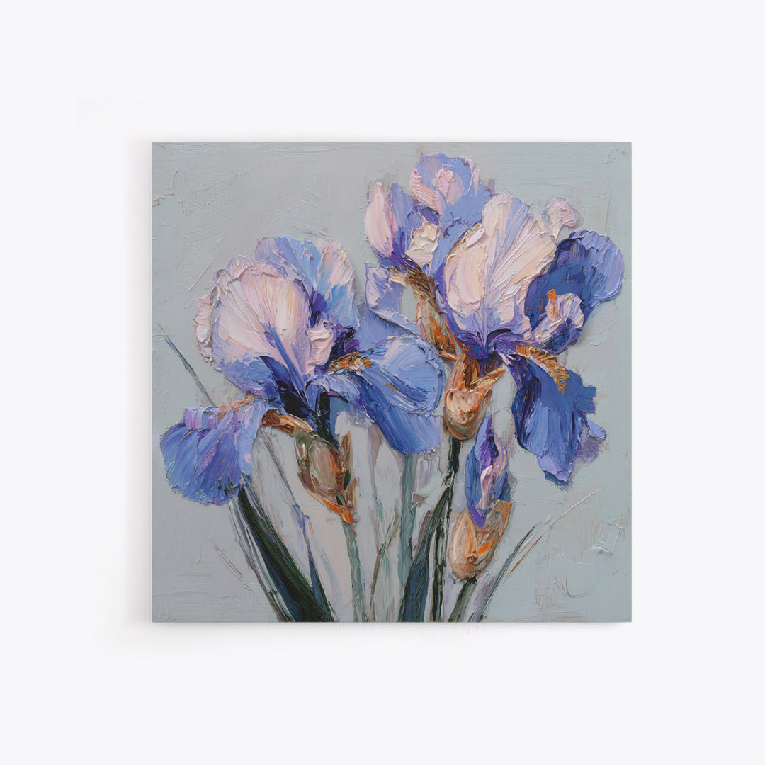 Irises Painted with Expressive Blue Strokes Framed Canvas Print, Floral Art, Botanical Curtain, Living Room Decor, Oil Painting, FLO-1x1-46