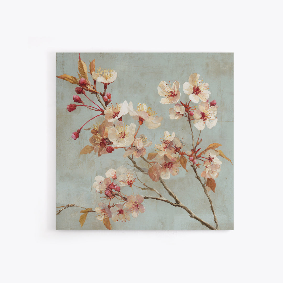 Delicate Cherry Blossom Branch on Pale Sky Framed Canvas Print, Floral Art, Statement Artwork, Living Room Decor, Bloom, FLO-1x1-78