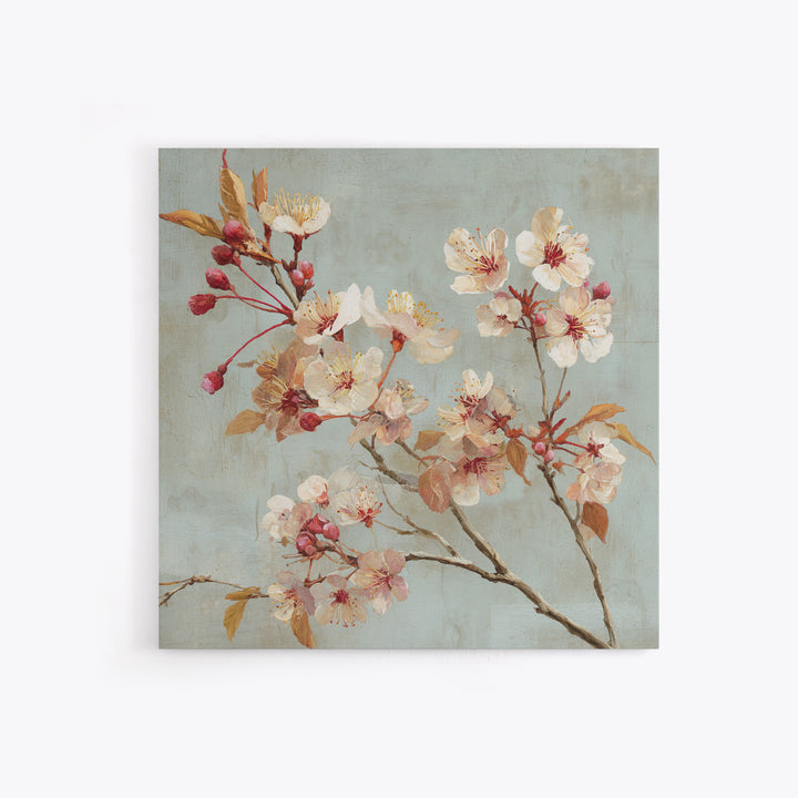 Delicate Cherry Blossom Branch on Pale Sky Framed Canvas Print, Floral Art, Statement Artwork, Living Room Decor, Bloom, FLO-1x1-78