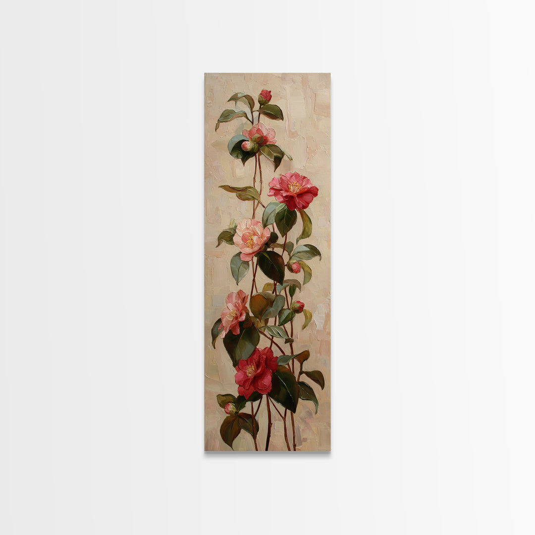 Camellia Bloom with Glossy Leaves Canvas Print, Floral Art, Botanical Curtain, Living Room Decor, Oil Painting, Bloom, FLO-1x3-100