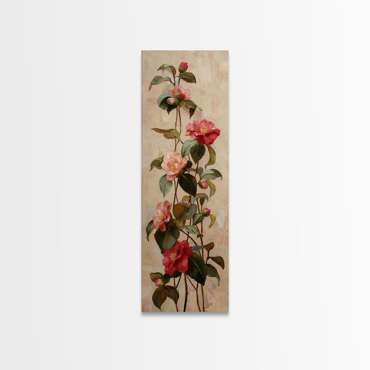 Camellia Bloom with Glossy Leaves Canvas Print, Floral Art, Botanical Curtain, Living Room Decor, Oil Painting, Bloom, FLO-1x3-100