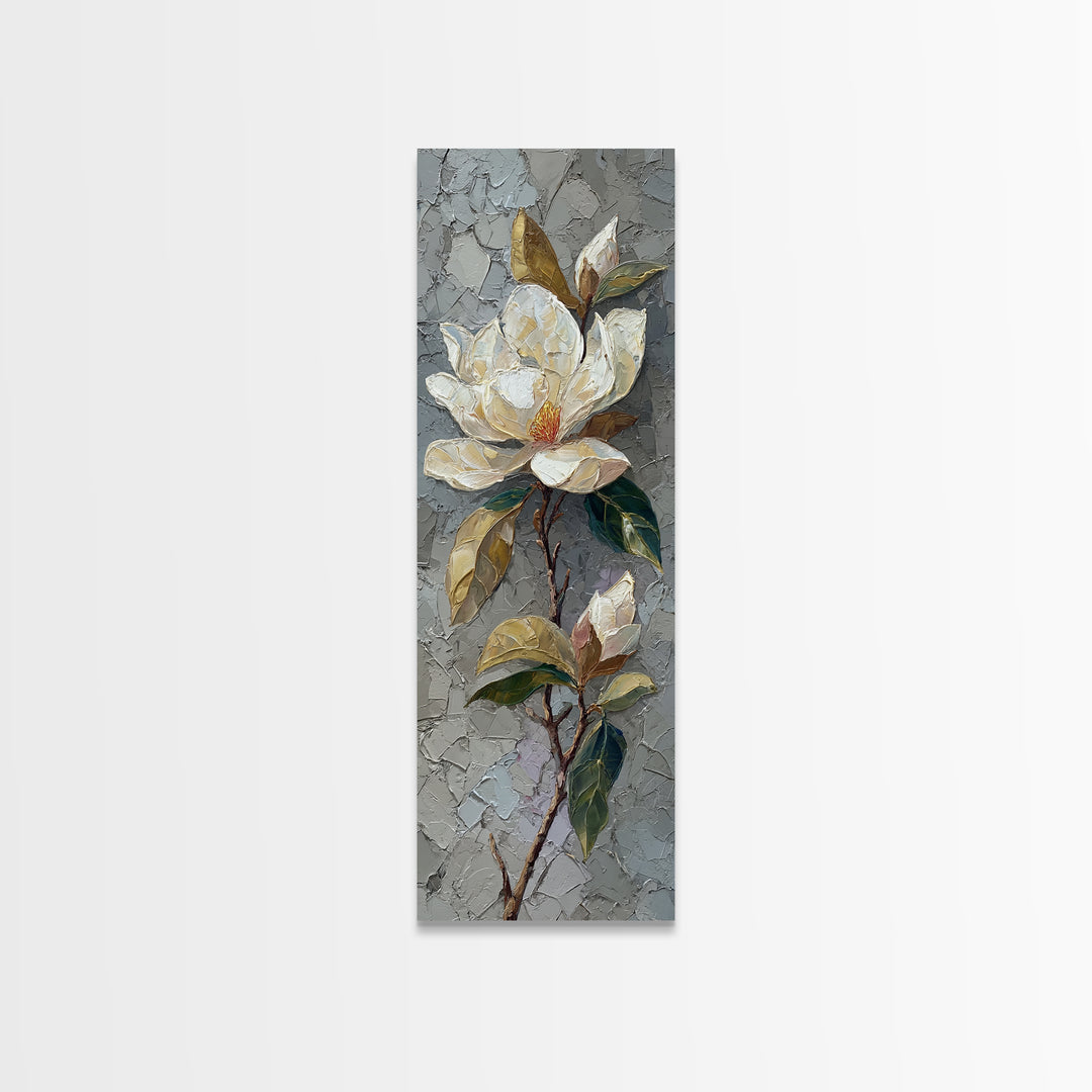 Single White Magnolia on Charcoal Ground Canvas Print, Floral Art, Botanical Art, Living Room Decor, Oil Painting, Bloom, FLO-1x3-40