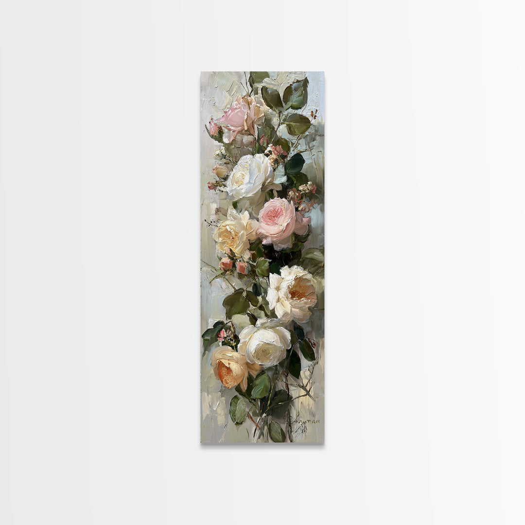 Floral Wreath of Garden Roses and Herbs Framed Canvas Print, Floral Art, Textured Painting, Living Room Decor, Fine Art, Bloom, FLO-1x3-53