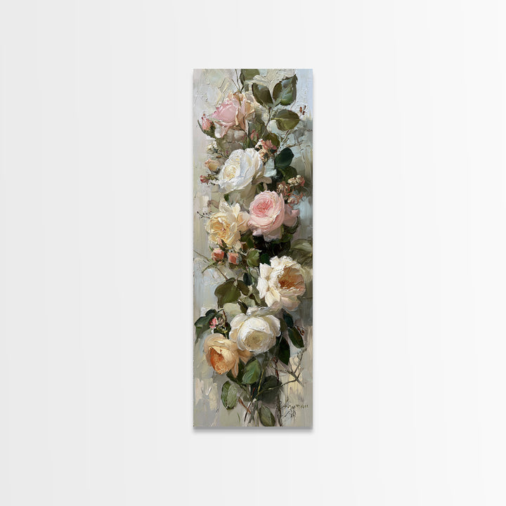 Floral Wreath of Garden Roses and Herbs Framed Canvas Print, Floral Art, Textured Painting, Living Room Decor, Fine Art, Bloom, FLO-1x3-53