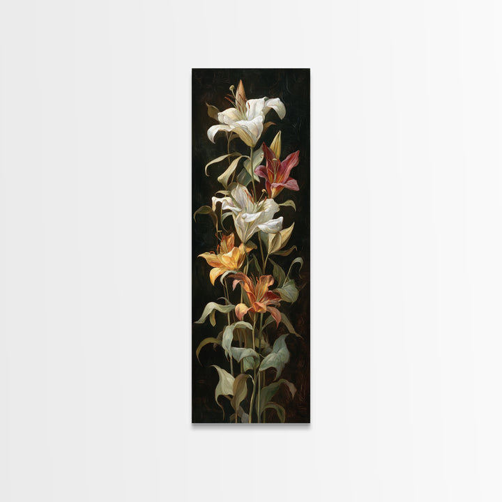 Lily Bouquet with Dramatic Dark Background Canvas Print, Floral Art, Art Nouveau Decor, Living Room Decor, Fine Art, Bloom, FLO-1x3-56
