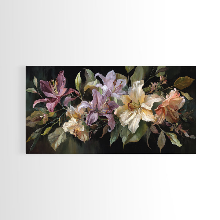 Lily Bouquet with Dramatic Dark Background Canvas Print, Floral Art, Printable, Living Room Decor, Oil Painting, Bloom, FLO-2x1-64