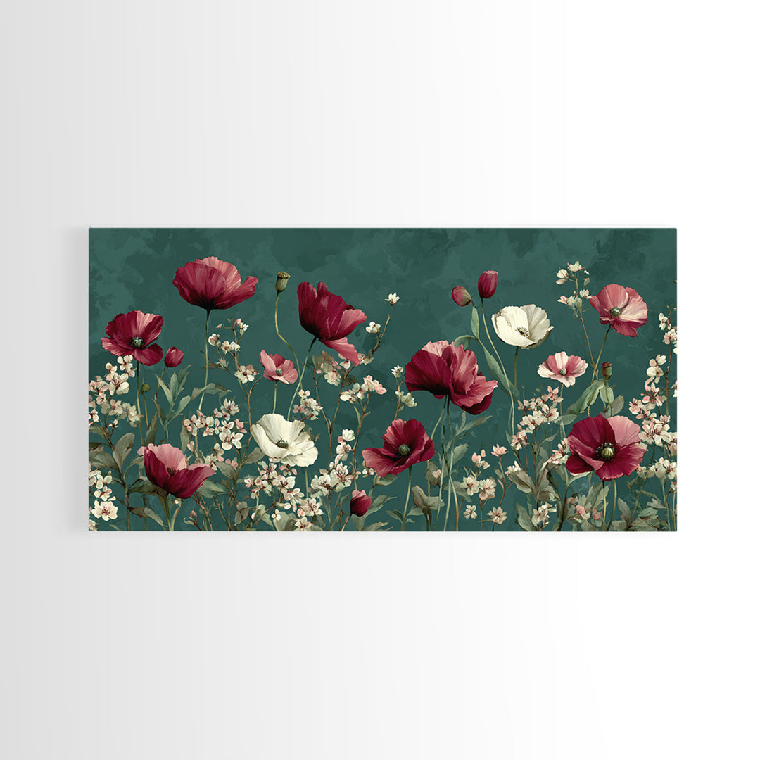 Poppy Field with Red Petals and Green Canvas Print, Floral Art, Art Nouveau Decor, Living Room Decor, Fine Art, Bloom, FLO-2x1-76