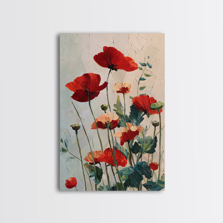 Poppy Field with Red Petals and Green Framed Canvas Print, Floral Art, Art Nouveau Decor, Living Room Decor, Fine Art, Bloom, FLO-2x3-88