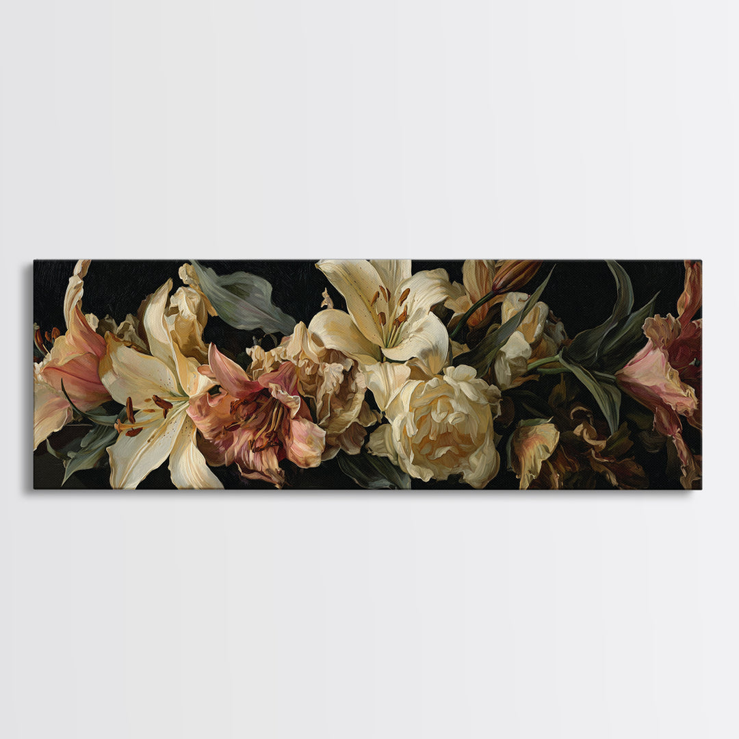 Lily Bouquet with Dramatic Dark Background Framed Canvas Print, Floral Art, Art Nouveau Locket, Living Room Decor, Bloom, FLO-3x1-12