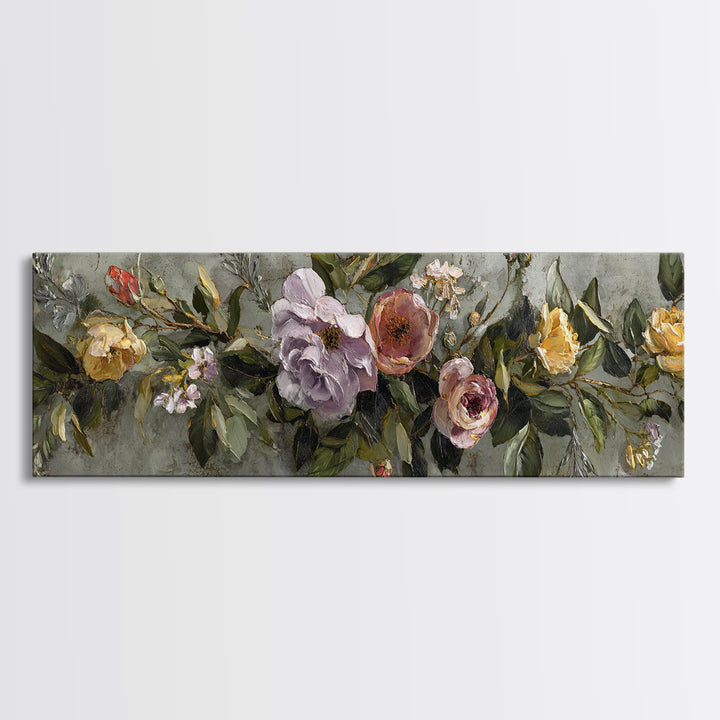 Floral Wreath of Garden Roses and Herbs Canvas Print, Floral Art, Floral Art Prints, Living Room Decor, Oil Painting, Bloom, FLO-3x1-33