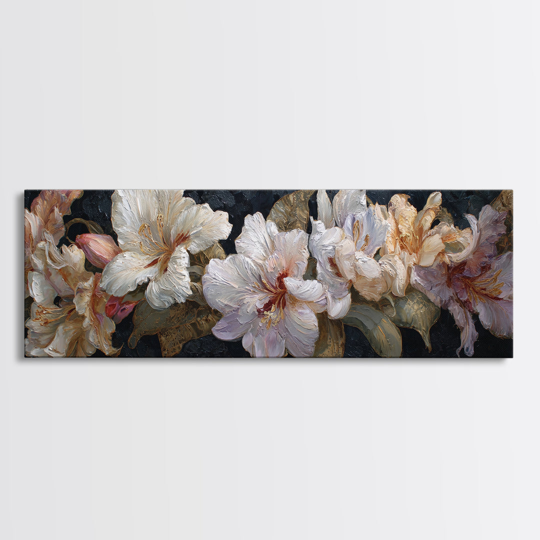 Lily Bouquet with Dramatic Dark Background Canvas Print, Floral Art, Gallery Decor, Living Room Decor, Fine Art, Bloom, FLO-3x1-36