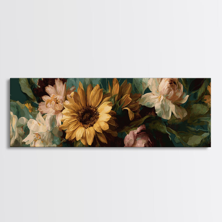 Sunflower Bouquet in Bold Golden Tones Canvas Print, Floral Art, Art Nouveau Locket, Living Room Decor, Fine Art, Bloom, FLO-3x1-45