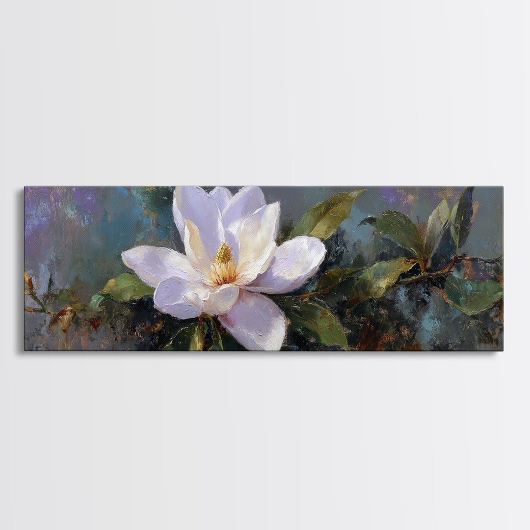 Single White Magnolia on Charcoal Ground Framed Canvas Print, Floral Art, Home Decor, Living Room Decor, Fine Art, Bloom, FLO-3x1-68