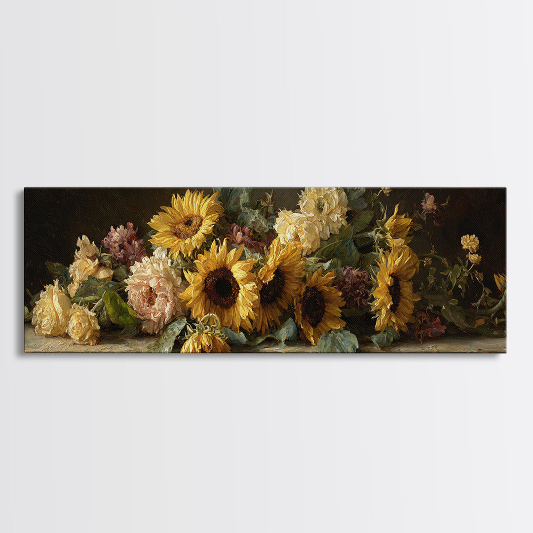 Sunflower Bouquet in Bold Golden Tones Framed Canvas Print, Floral Art, Gallery Decor, Living Room Decor, Fine Art, Bloom, FLO-3x1-69