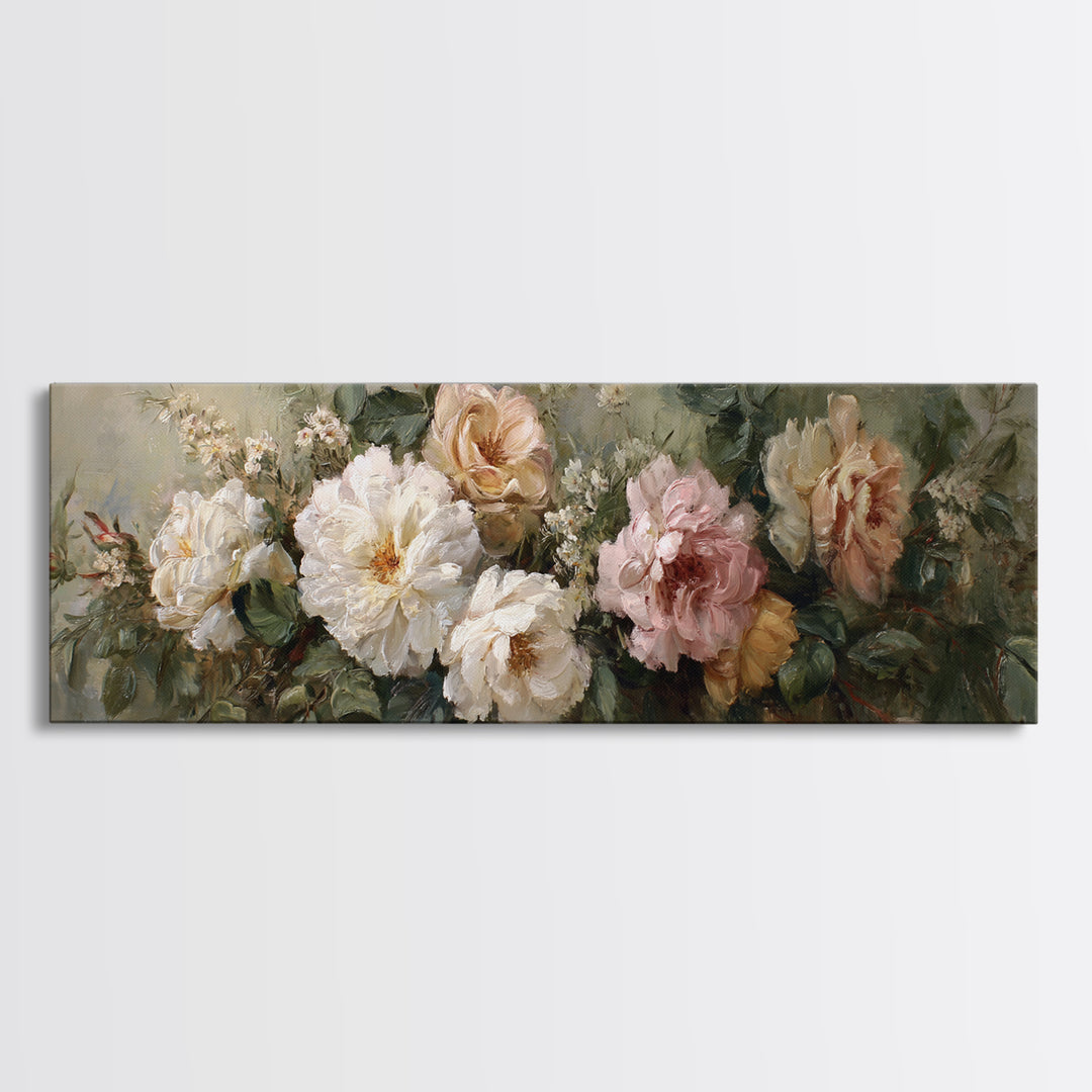 Floral Wreath of Garden Roses and Herbs Framed Canvas Print, Floral Art, Art Nouveau Decor, Living Room Decor, Fine Art, Bloom, FLO-3x1-9