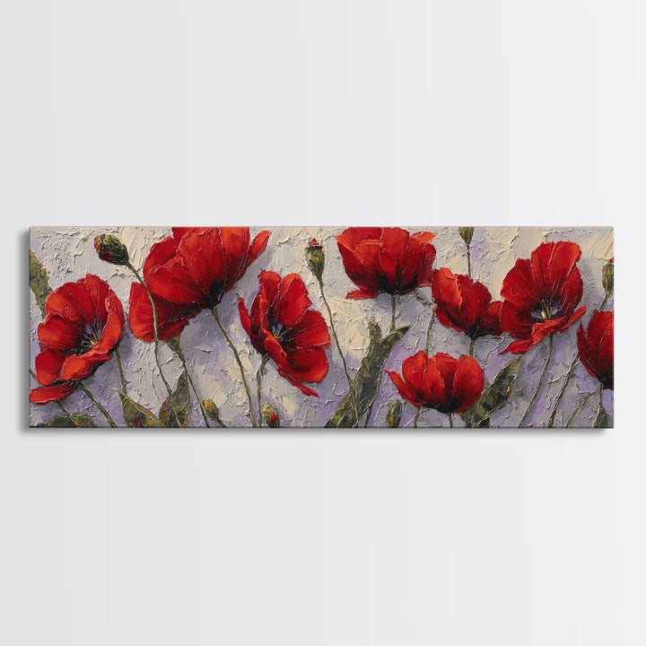 Poppy Field with Red Petals and Green Canvas Print, Floral Art, Textured Painting, Living Room Decor, Fine Art, Bloom, FLO-3x1-96