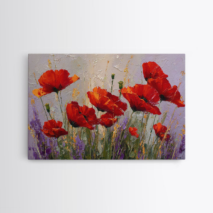 Poppy Field with Red Petals and Green Canvas Print, Floral Art, Floral Art Prints, Living Room Decor, Oil Painting, Bloom, FLO-3x2-12