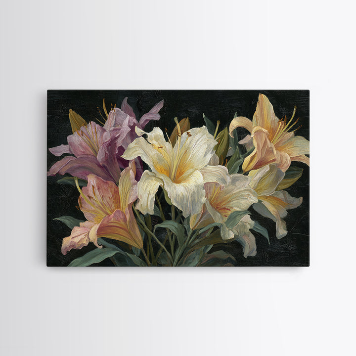 Lily Bouquet with Dramatic Dark Background Framed Canvas Print, Floral Art, Art Nouveau Locket, Living Room Decor, Bloom, FLO-3x2-24