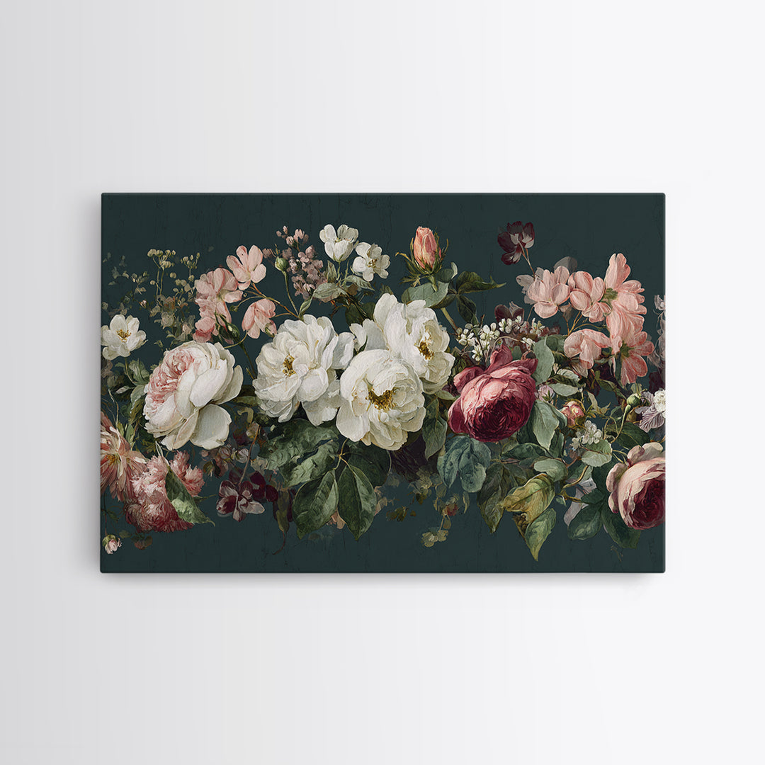 Floral Wreath of Garden Roses and Herbs Framed Canvas Print, Floral Art, Gallery Decor, Living Room Decor, Fine Art, Bloom, FLO-3x2-45