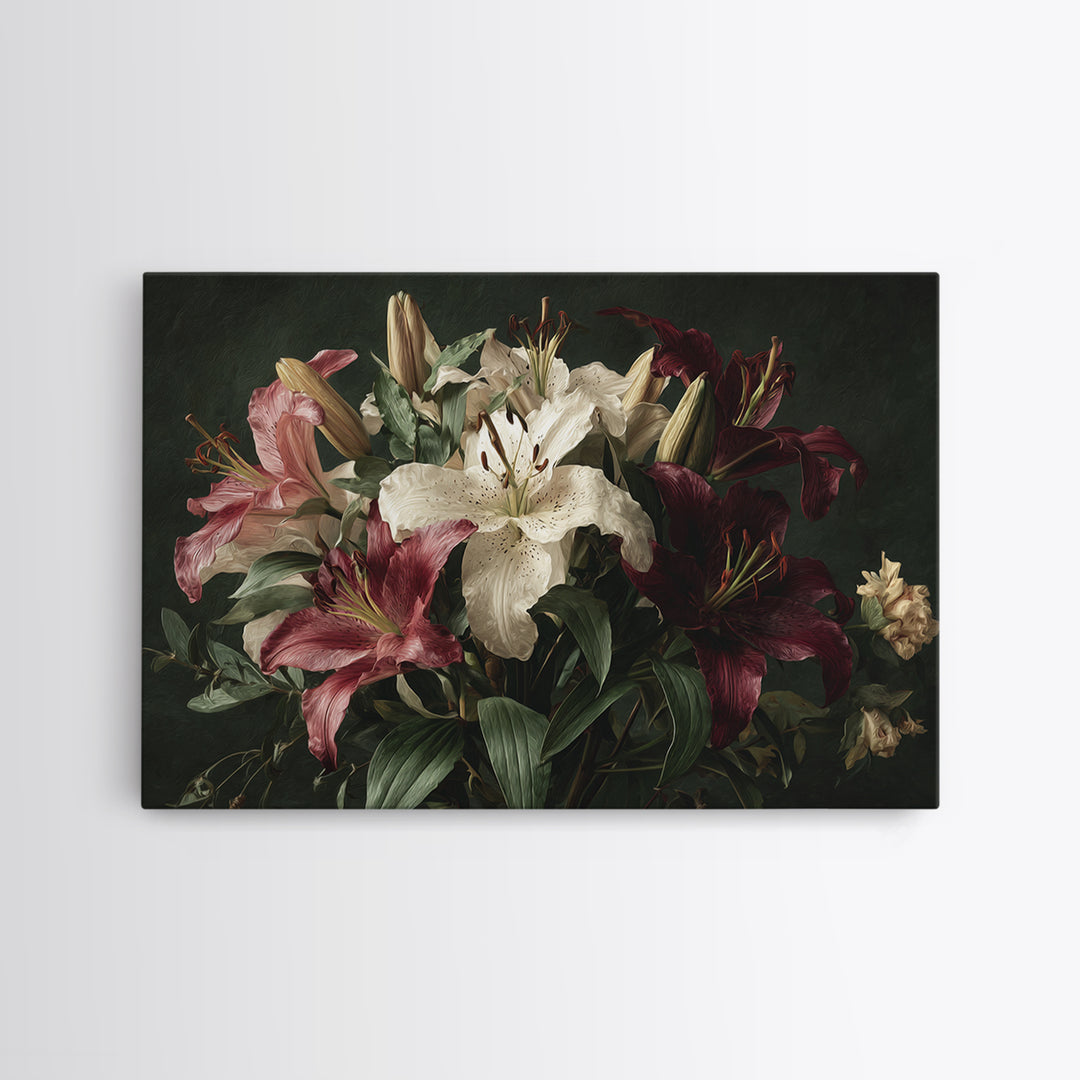 Lily Bouquet with Dramatic Dark Background Canvas Print, Floral Art, Gallery Decor, Living Room Decor, Fine Art, Bloom, FLO-3x2-48