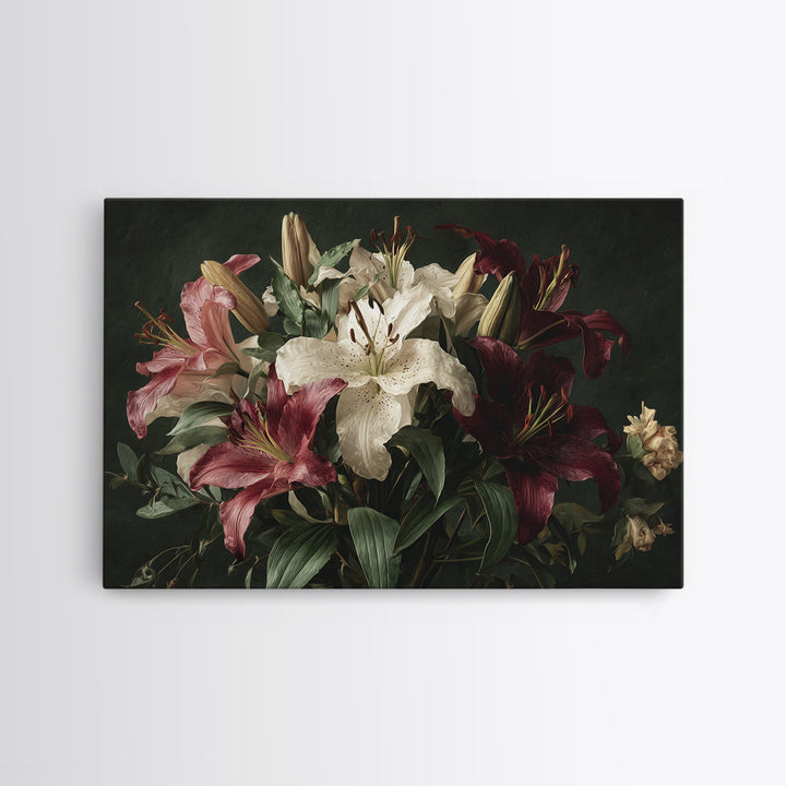 Lily Bouquet with Dramatic Dark Background Canvas Print, Floral Art, Gallery Decor, Living Room Decor, Fine Art, Bloom, FLO-3x2-48