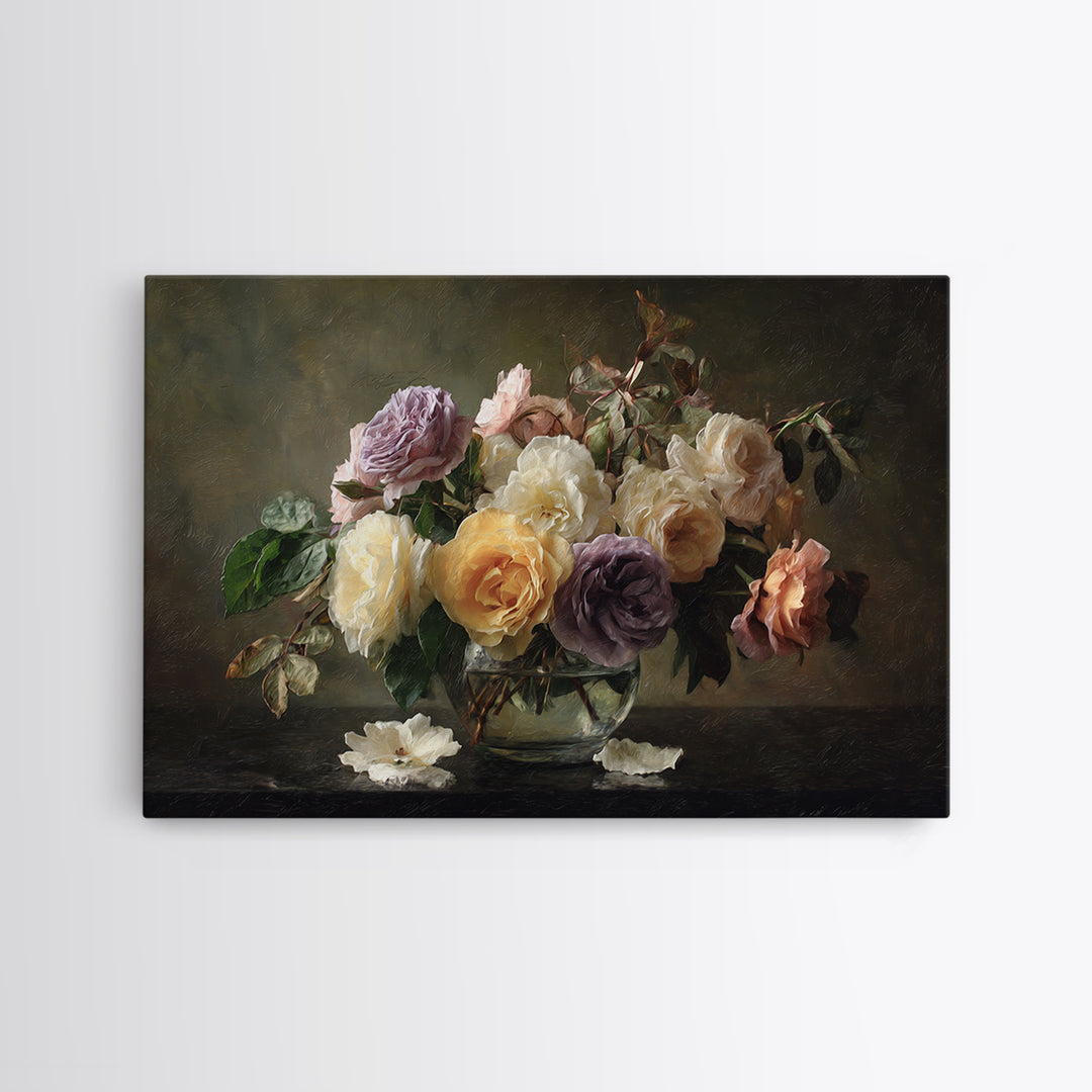 Dark Moody Roses Framed Canvas Print, Floral Art, Art Nouveau Decor, Living Room Decor, Fine Art, Bloom, Floral Decor, FLO-3x2-6