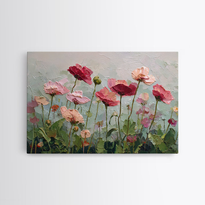 Poppy Field with Red Petals and Green Framed Canvas Print, Floral Art, Textured Painting, Living Room Decor, Fine Art, Bloom, FLO-3x2-60
