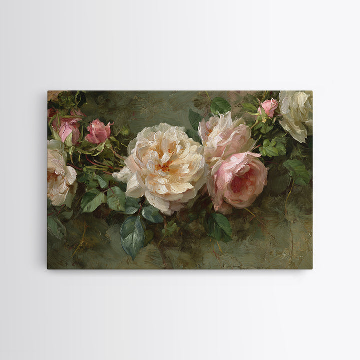Floral Wreath of Garden Roses and Herbs Framed Canvas Print, Floral Art, Gallery Decor, Living Room Decor, Fine Art, Bloom, FLO-3x2-69