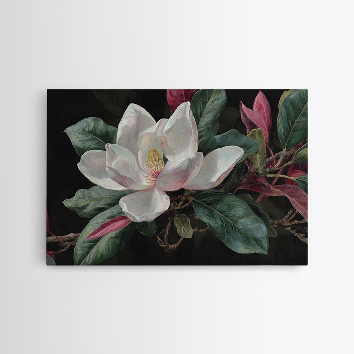 Single White Magnolia on Charcoal Ground Framed Canvas Print, Floral Art, Home Decor, Living Room Decor, Fine Art, Bloom, FLO-3x2-80