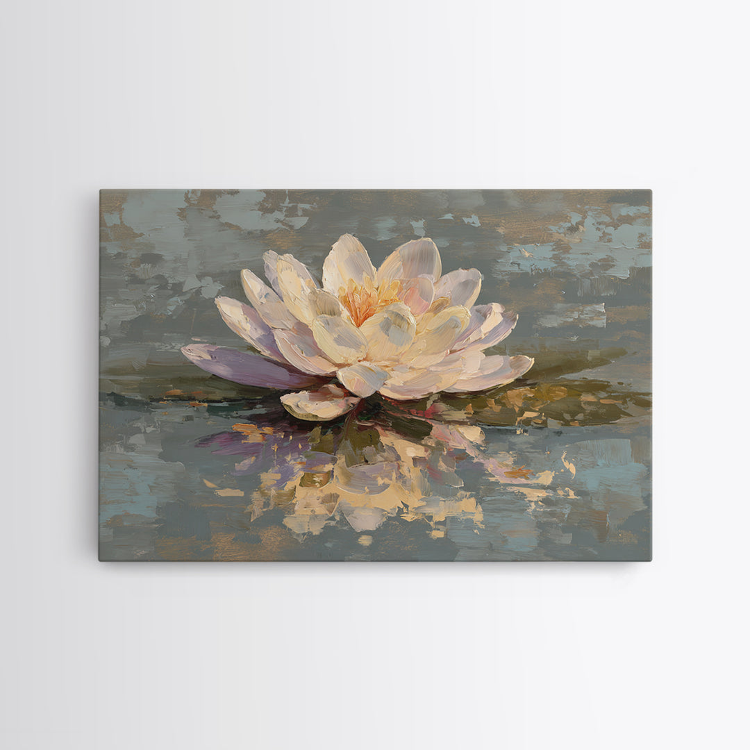 Lotus Blossom Floating on Still Water Framed Canvas Print, Floral Art, Art Nouveau Locket, Living Room Decor, Fine Art, Bloom, FLO-3x2-90
