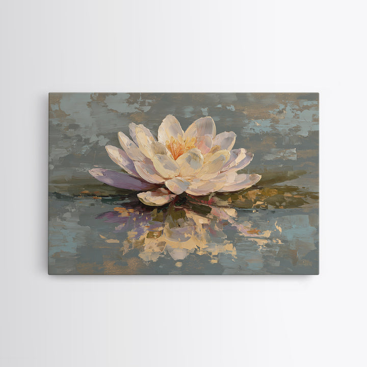Lotus Blossom Floating on Still Water Framed Canvas Print, Floral Art, Art Nouveau Locket, Living Room Decor, Fine Art, Bloom, FLO-3x2-90