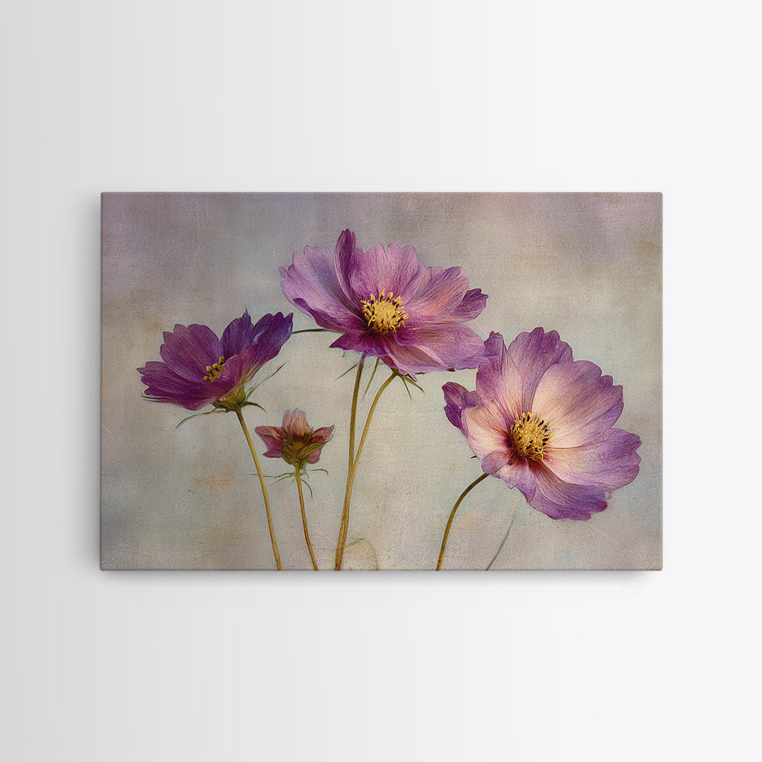 Cosmos Flowers Swaying Framed Canvas Print, Floral Art, Dark Academia Decor, Living Room Decor, Bloom, Printable Artwork, FLO-3x2-99