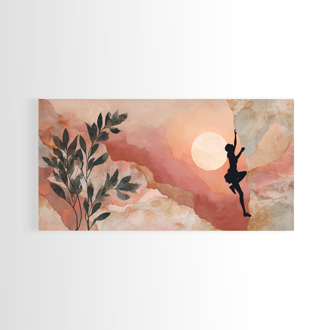 Rock Climber Reaching Toward Warm Light Framed Canvas Print, Fitness Studio Art, Boho Decor, Gym Decor, Oil Painting, Motion, FSA-2x1-35