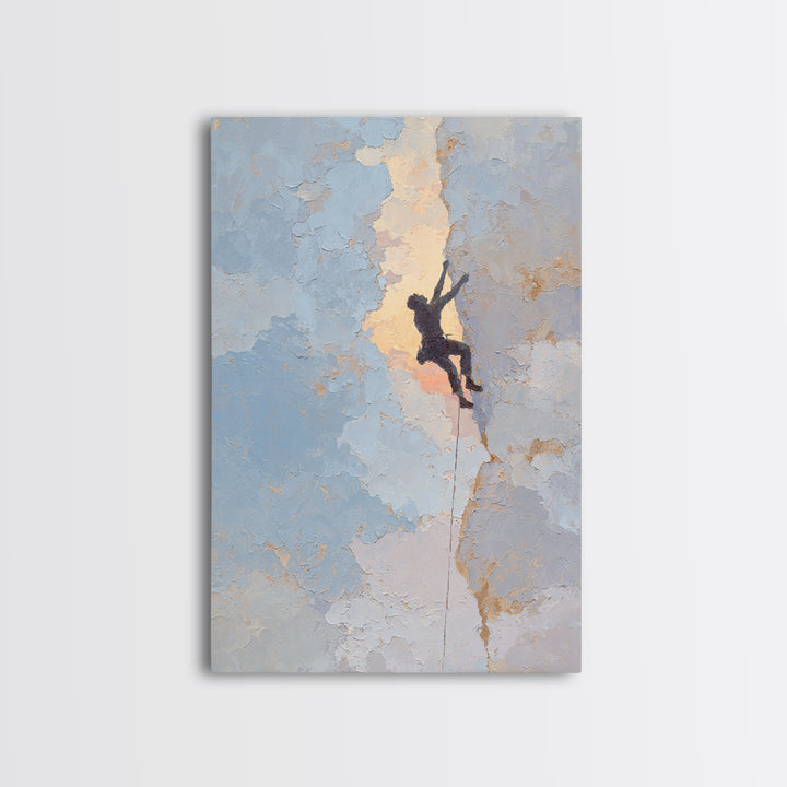 Rock Climber Reaching Toward Warm Light Framed Canvas Print, Fitness Studio Art, Physical Therapy Art, Gym Decor, Abstract Art, FSA-2x3-47