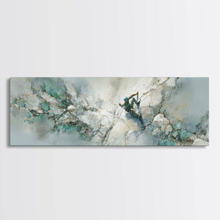Rock Climber Reaching Toward Warm Light Framed Canvas Print, Fitness Studio Art, Boho Decor, Gym Decor, Fine Art, Motion, FSA-3x1-55