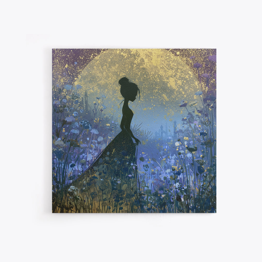 Princess Silhouette with Moonlit Garden Flowers Canvas Print, Fairy Tale Art, Art Nouveau Print, Living Room Decor, Storybook, FTA-1x1-100