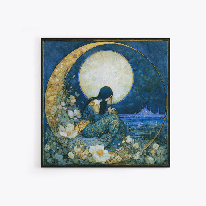 Mermaid Combing Hair Beneath a Pearl Moon Framed Canvas Print, Fairy Tale Art, Painting, Living Room Decor, Fine Art, Storybook, FTA-1x1-12