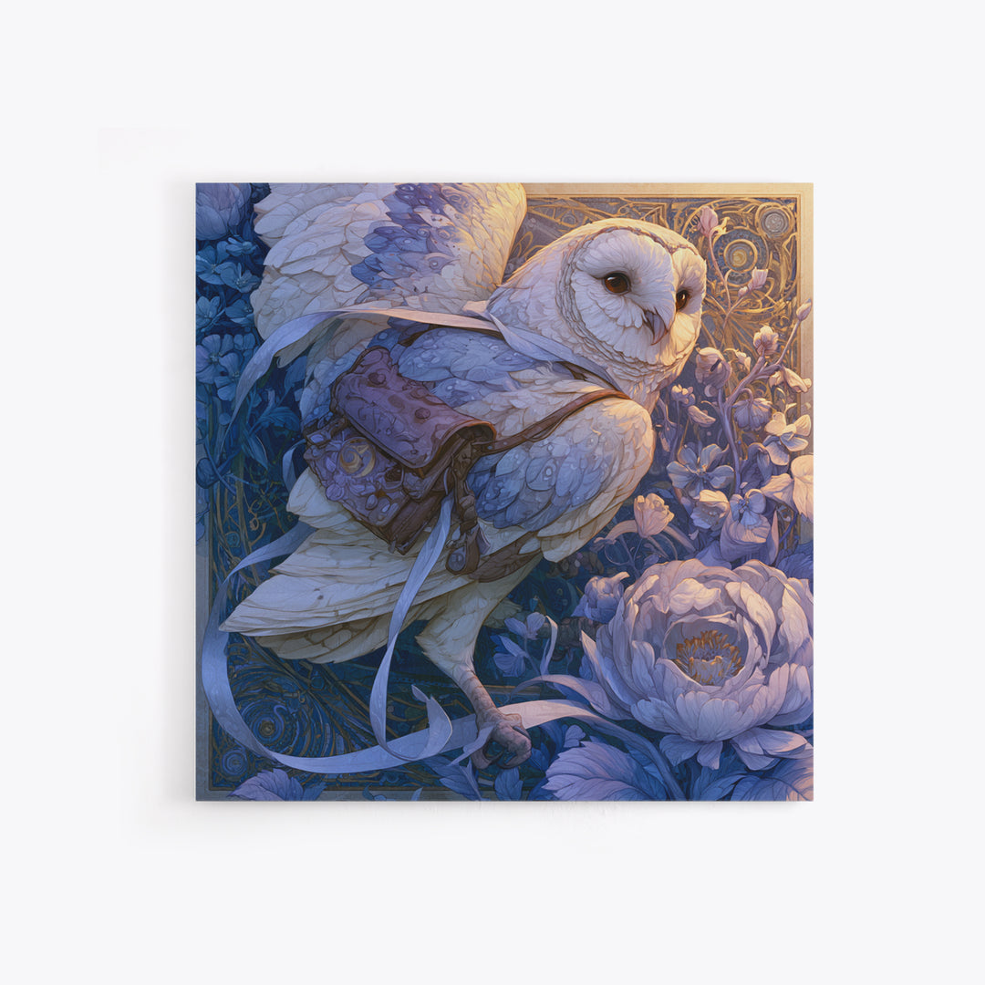 Owl Messenger Carrying a Tiny Ribbon Canvas Print, Fairy Tale Art, Gallery Decor, Living Room Decor, Fine Art, Storybook, FTA-1x1-17