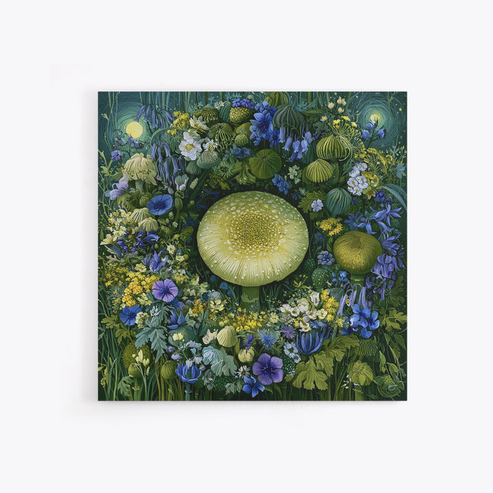 Fairy Ring of Mushrooms and Wildflowers Framed Canvas Print, Fairy Tale Art, Neutral Decor, Living Room Decor, Oil Painting, FTA-1x1-21