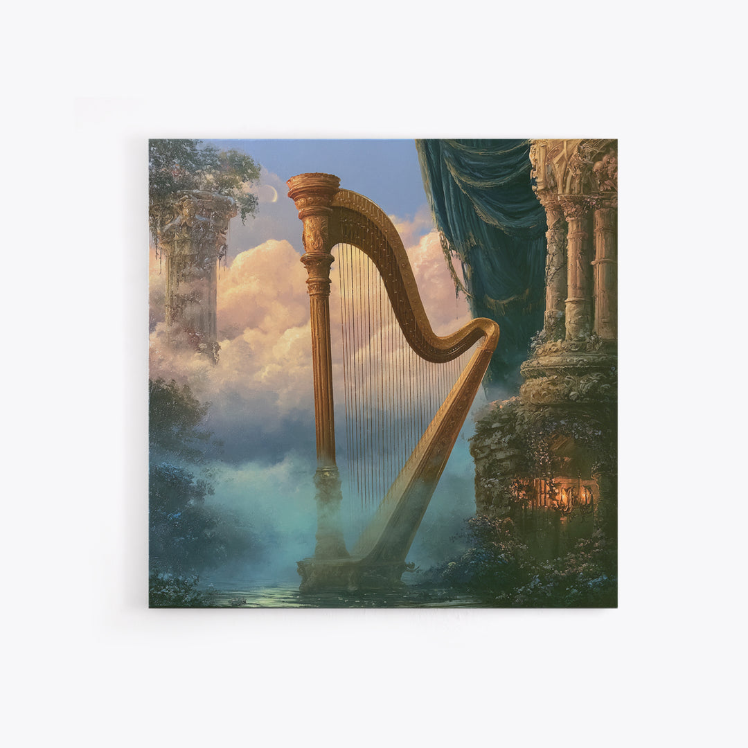Golden Harp in a Cloud Kingdom Canvas Print, Fairy Tale Art, Princess Wall Art, Living Room Decor, Oil Painting, Storybook, FTA-1x1-22