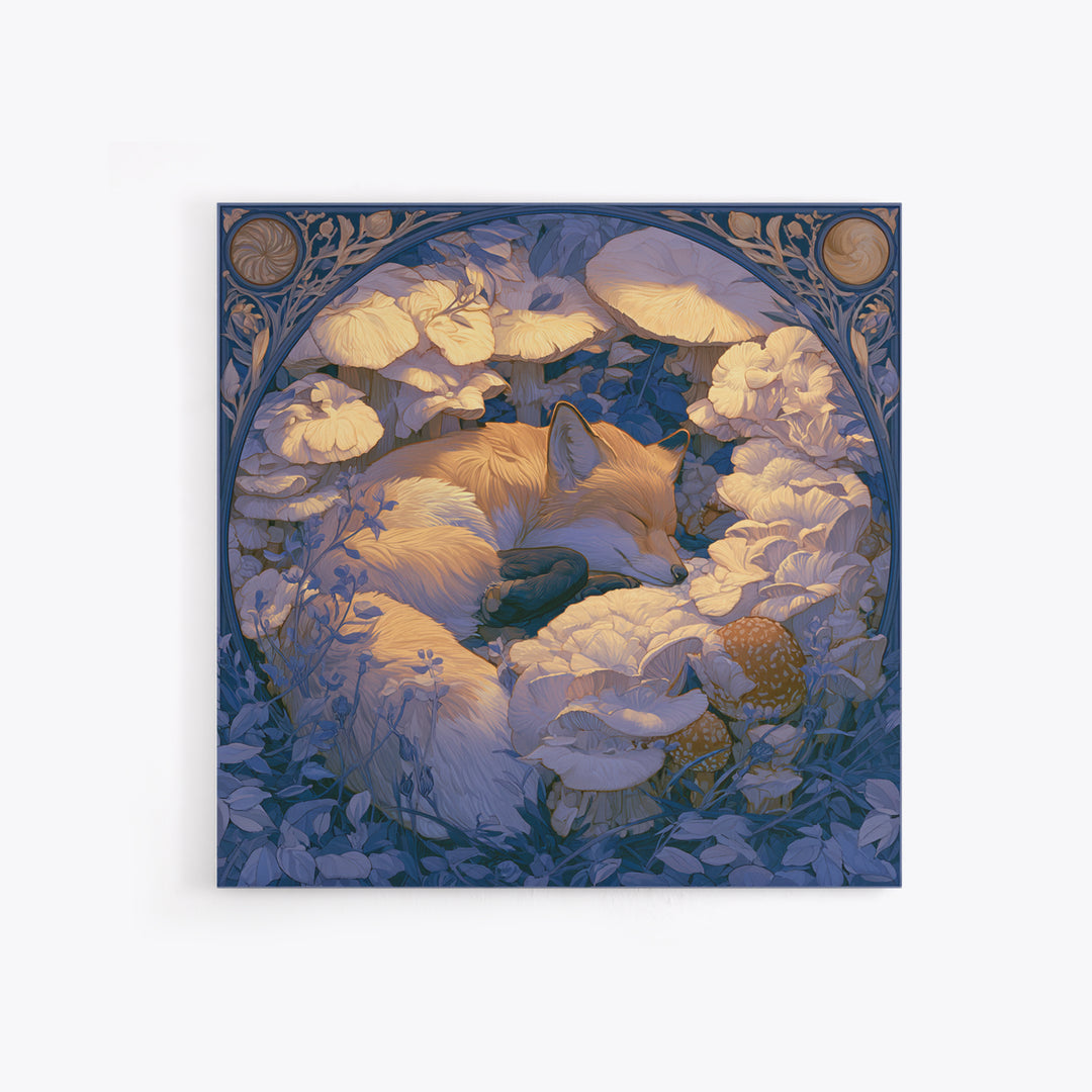 Sleeping Fox Beside a Magical Mushroom Ring Framed Canvas Print, Fairy Tale Art, Nursery Art, Living Room Decor, Storybook, FTA-1x1-27