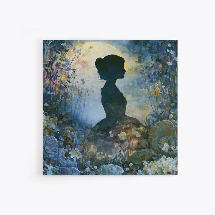 Princess Silhouette with Moonlit Garden Flowers Framed Canvas Print, Fairy Tale Art, Art Deco, Living Room Decor, Storybook, FTA-1x1-28