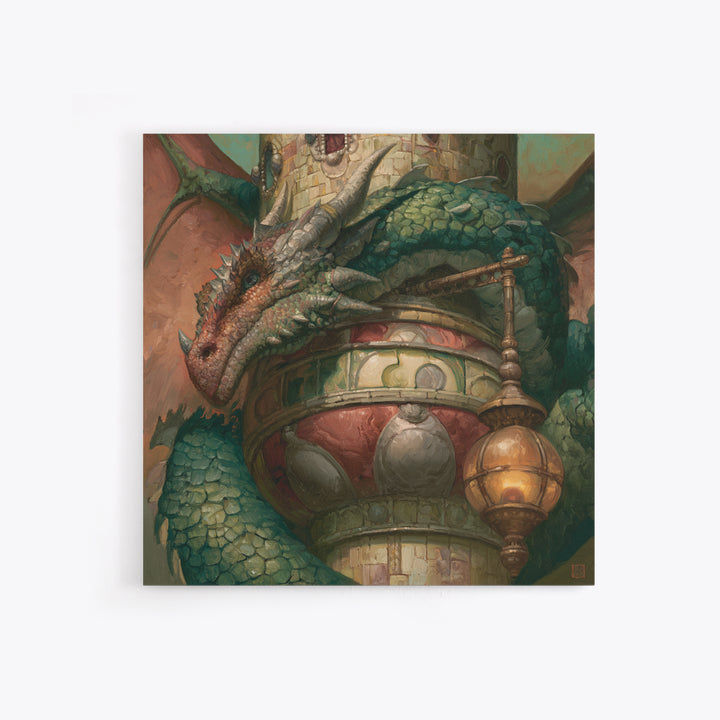 Dragon Curled Around a Jeweled Tower Framed Canvas Print, Fairy Tale Art, Textured Painting, Living Room Decor, Storybook, FTA-1x1-29