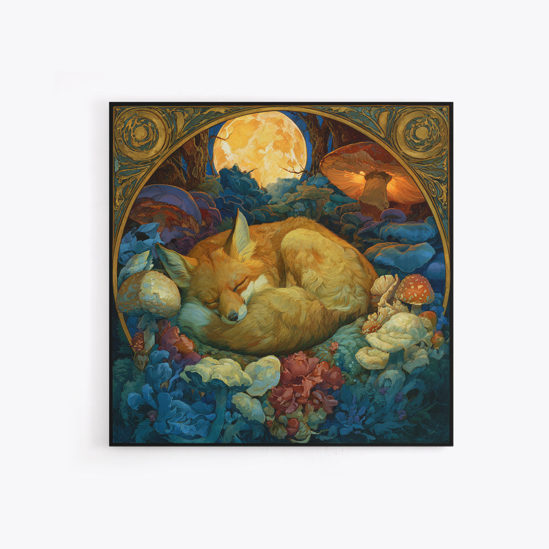 Sleeping Fox Beside a Magical Mushroom Ring Canvas Print, Fairy Tale Art, Abstract Art, Living Room Decor, Storybook, FTA-1x1-3