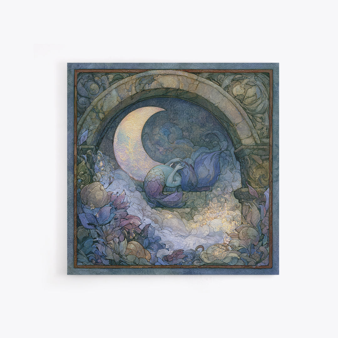 Mermaid Combing Hair Beneath a Pearl Moon Canvas Print, Fairy Tale Art, Nursery Wall Art, Living Room Decor, Watercolor Art, FTA-1x1-36