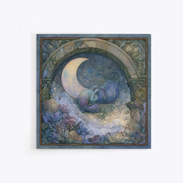 Mermaid Combing Hair Beneath a Pearl Moon Canvas Print, Fairy Tale Art, Nursery Wall Art, Living Room Decor, Watercolor Art, FTA-1x1-36