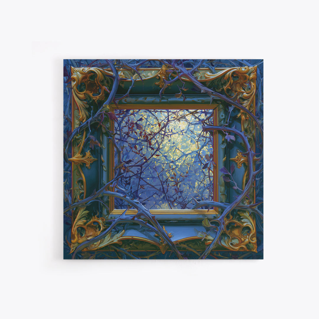Magic Mirror Framed by Vines and Thorns Framed Canvas Print, Fairy Tale Art, Boho Decor, Living Room Decor, Oil Painting, FTA-1x1-37