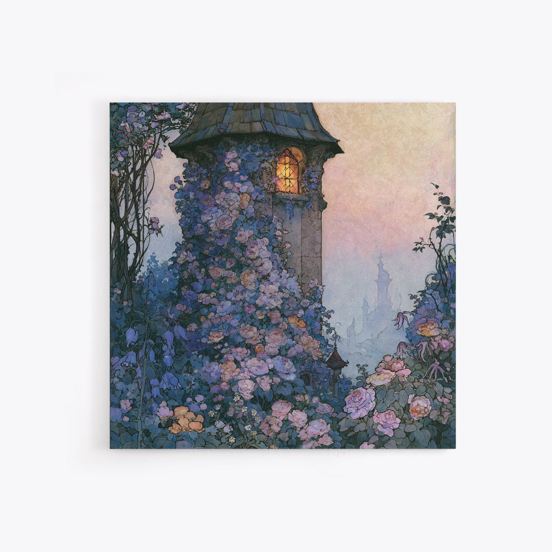 Rose Covered Tower Framed Canvas Print, Fairy Tale Art, Kids Room Decor, Living Room Decor, Abstract Art, Storybook, FTA-1x1-42